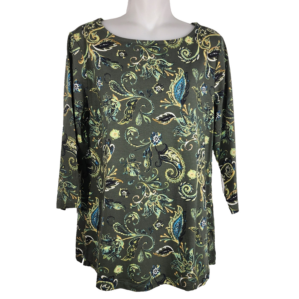 Denim & Co. Printed Favorite Jersey Boat Neck 3/4 Sleeve Top Small Olive Paisley